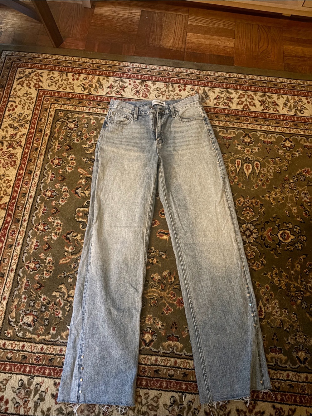 Fashion Nova Light Blue Straight-Leg Jeans with Side Snap Detail